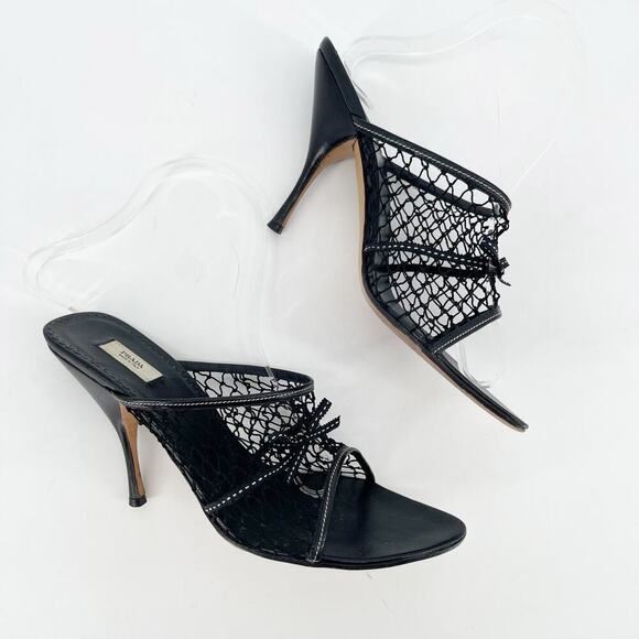 Prada Vintage Black Fishnet Bow Detail Retro Mule Slide Sandal Heel size IT 38.5 - Picture 4 of 11